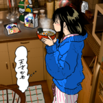 深夜のキッチンで塩ラーメンのどんぶりを両手に持つ女性のイラスト